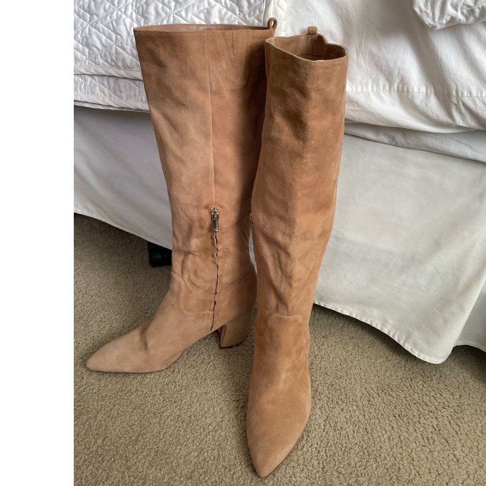 Sam Edelman Hai Knee High Boots Tan Suede Pointed Toe Block Heel Size 11